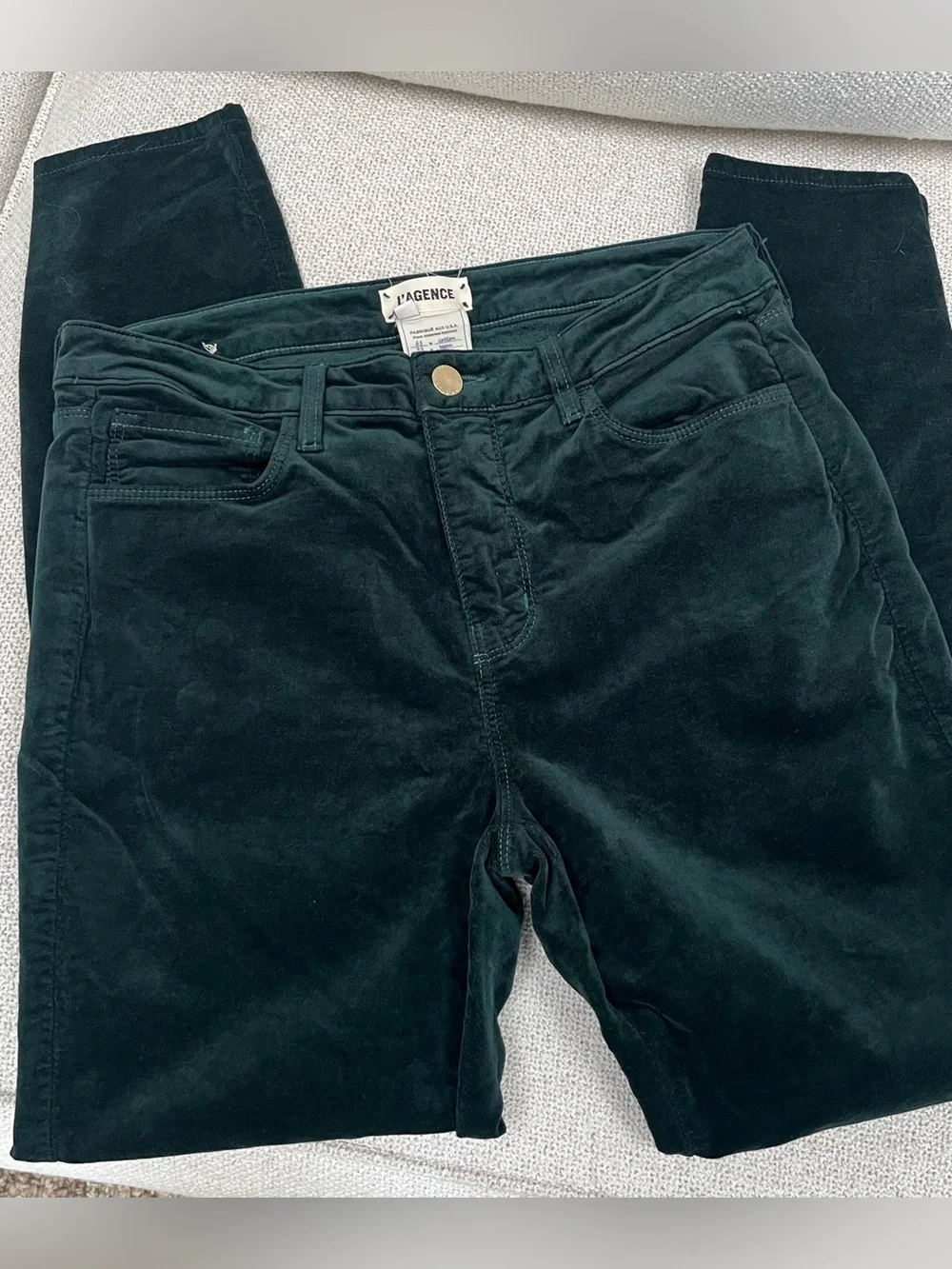 L'agence Womens Green Velvet High Rise Skinny Jeans Gold Tone Buttons Size 28